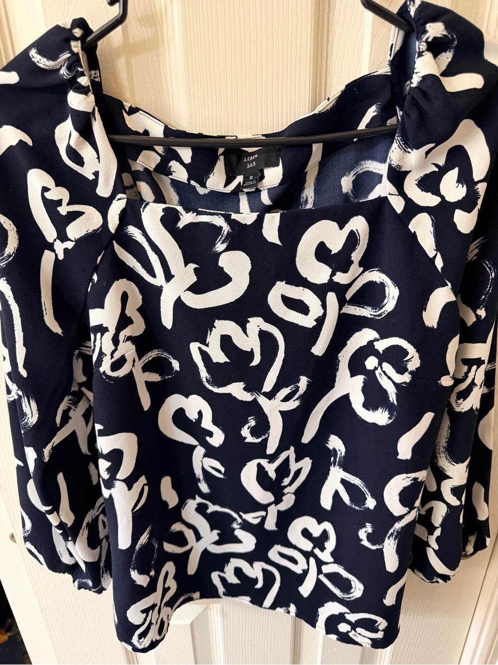J. Crew Navy and White Abstract Floral Square-Neck Top